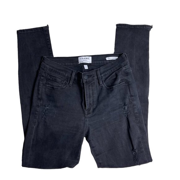 FRAME Le Skinny de Jeanne Jeans Le Color Rip Film Noir Mid Rise Distressed 28.5" - Picture 4 of 14